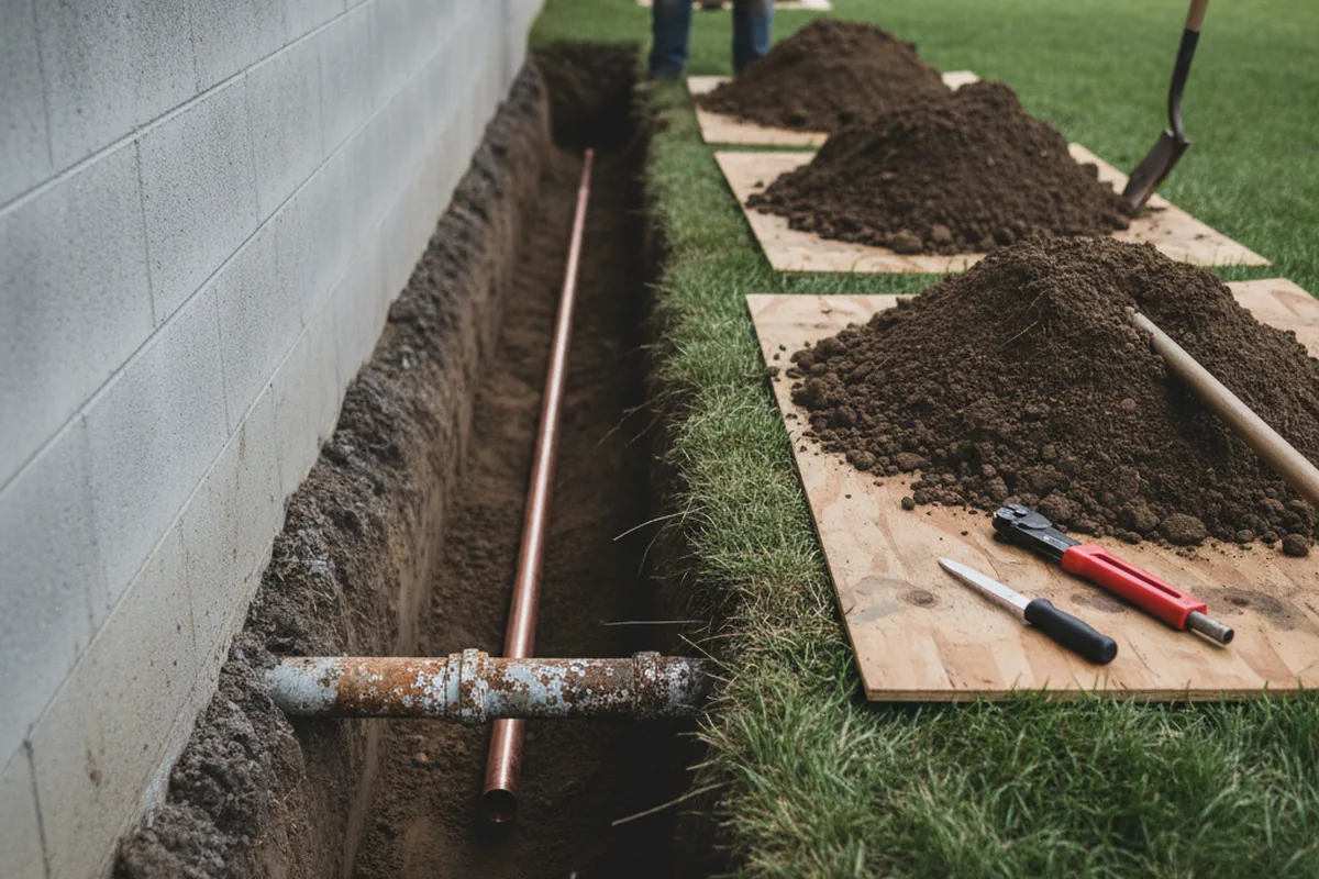 Excavated water line trench during Water Heater Repair in Salt Lick